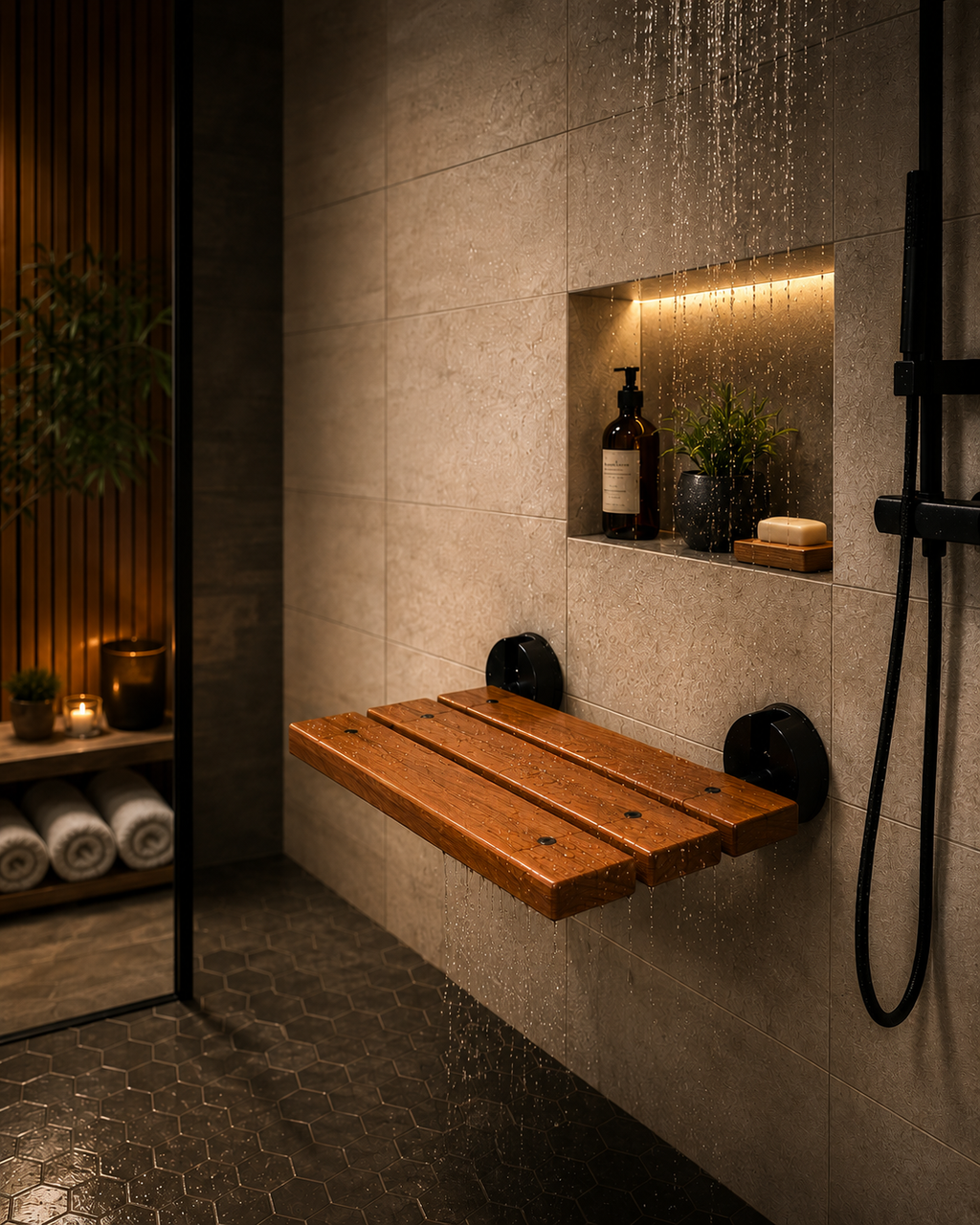 Stud Suds™ Premium Teak Folding Shower Bench | Luxury Spa-Grade Bathroom Upgrade