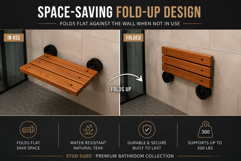 Stud Suds™ Premium Teak Folding Shower Bench | Luxury Spa-Grade Bathroom Upgrade